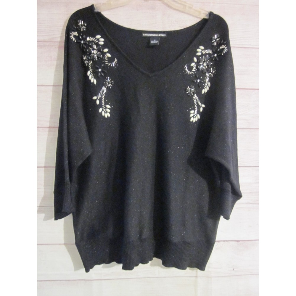 Lauren Michelle Women's Sweater Size 1X Sparkling Black Beaded Design 3/4 Sleeve